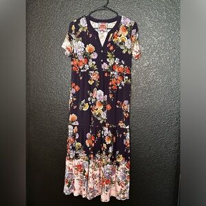 Johnny Was Elsa Tiered Short Sleeve Henley Knit Floral Tea Length Dress